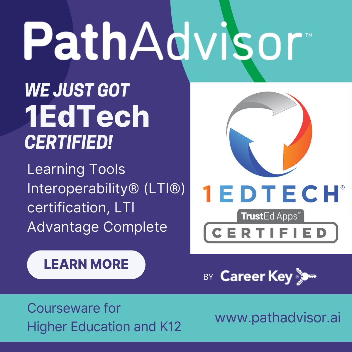 TheCareerKey's tweet photo. PathAdvisor #StudentSuccess Courseware Gains Trusted 1EdTech Certification! 🎉 🙌 We're proud to announce its new 1EdTech Learning Tools Interoperability® (LTI®) certification, LTI Advantage Complete. #edtech #highereducation #K12. 
https://t.co/fGSLev3mgx https://t.co/ktkdt4U6sy