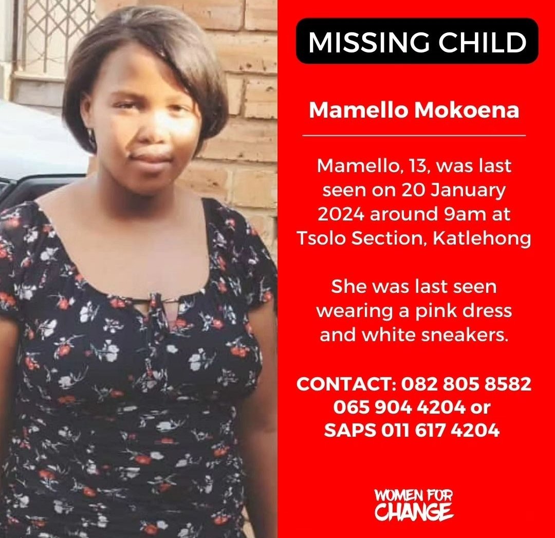 ⚠️ MISSING CHILD ⚠️ Mamello Mokoena, 13, was last seen on 20 January 2024 around 9am at Tsolo Section, Thutong Street in Katlehong. She was last seen wearing a pink dress and white sneakers. Any information, contact: 0828058582 or 0659044204 #missingchild