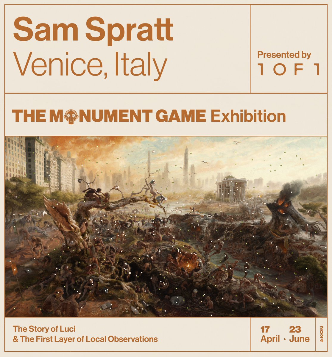 Extremely excited to announce my debut solo exhibition and the first stop for The Monument Game and the story of Luci so far will be in Venice, Italy, presented by <a href="/1OF1_art/">1OF1</a> 

The Monument Game was created as a digital experience, born from a life behind a computer, and the