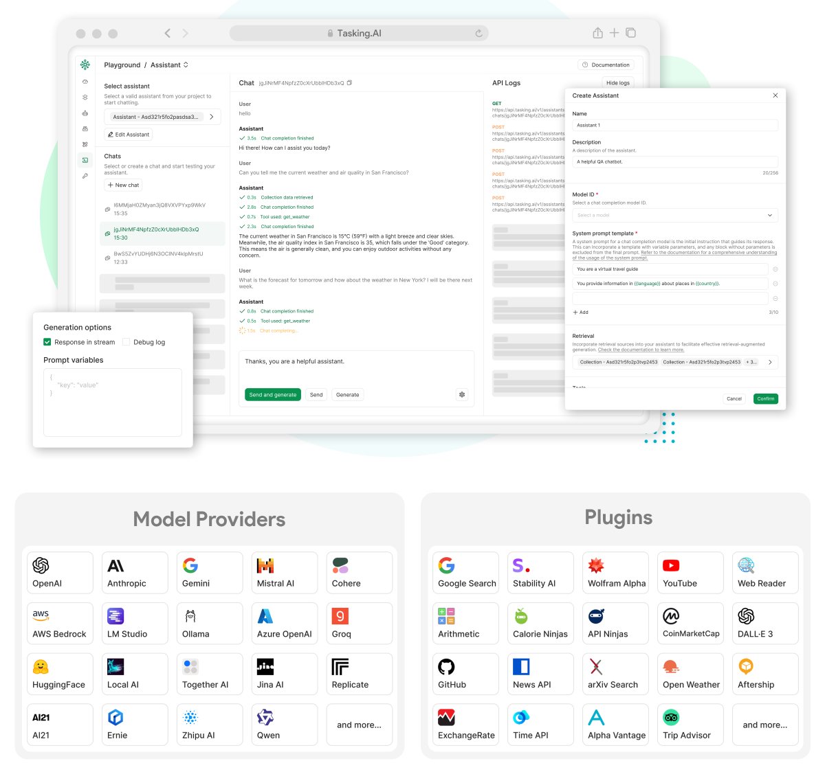 TaskingAI's tweet image. 🎉 Big update alert! We've just released v0.2.0 on GitHub! 🚀 Now your LLM assistants can interact with built-in plugins. 🔧🤖🔧 More model provider integrations are also introduced in the version. #TaskingAI
🔗 Explore here: github.com/TaskingAI/Task…