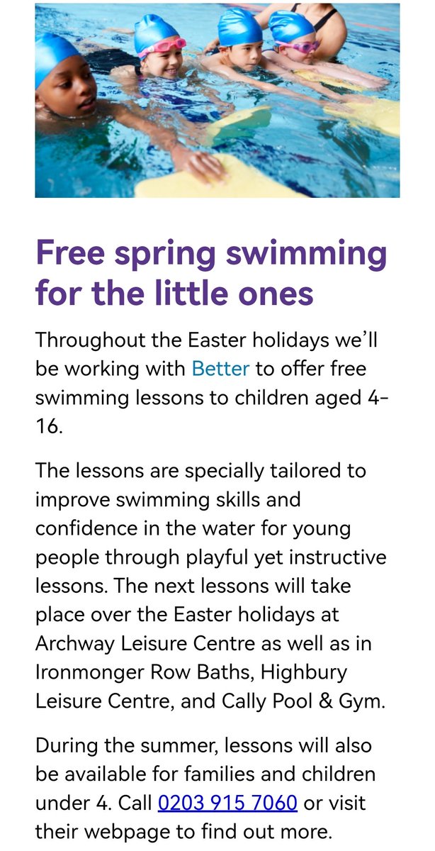 Free swimming lessons in the Easter Holiday. Thanks @IslingtonBC