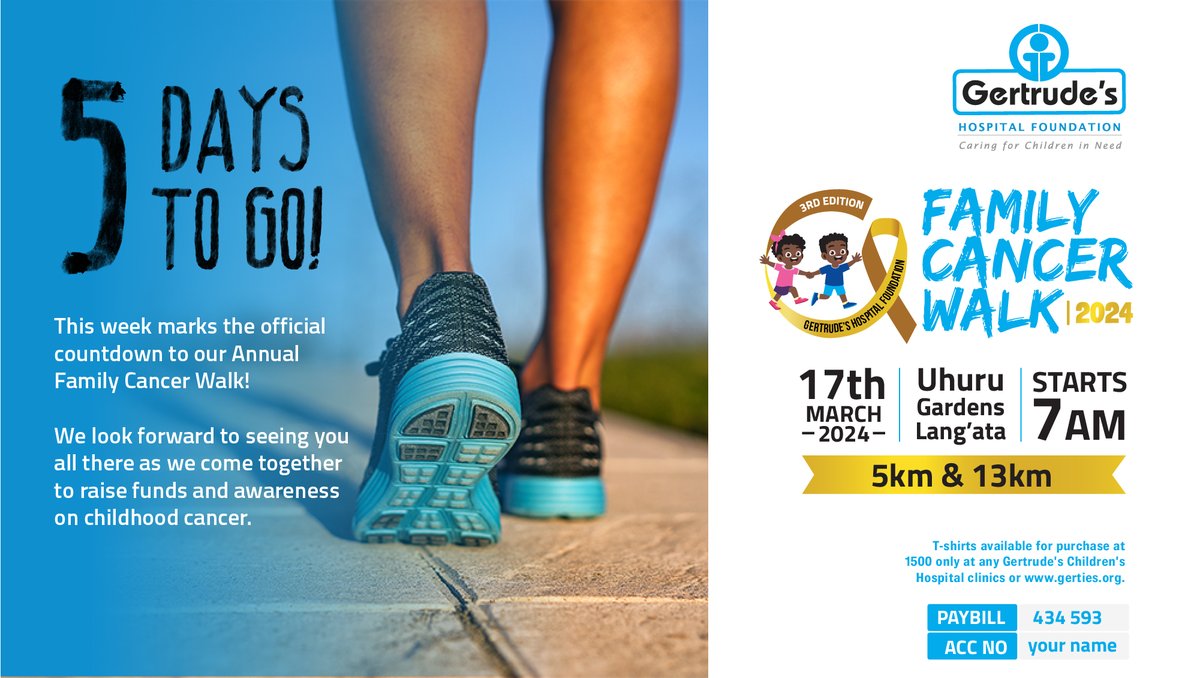 March 17, 2024! Gertrude's Children's Hospital is on a mission to beat childhood cancer, one step at a time. Join our Annual Charity Walk and let's show our support for these brave young fighters. Call 0705144316. #AnnualFamilyWalk2024 #GertrudesKe