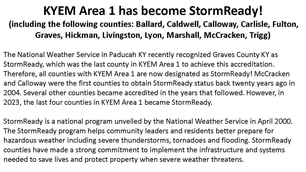KentuckyEM's tweet photo. KYEM Area 1 has achieved StormReady status, marking a significant milestone in community preparedness for hazardous weather. From Ballard to Trigg, these counties are now better equipped to keep residents safe. #StormReady #CommunitySafety #WeatherPreparedness #stormready #KYEM https://t.co/9ImRCfpYxe