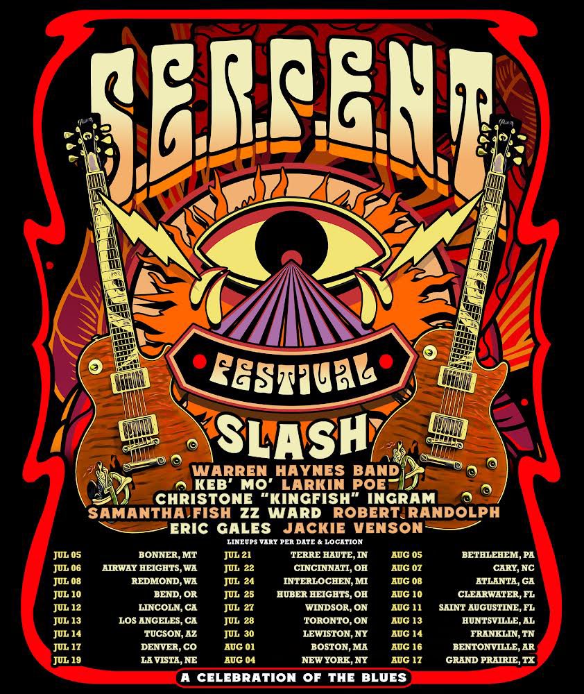 Slash's tweet image. 🎸🐍 Announcing Slash's S.E.R.P.E.N.T Festival! 🎶 Playing alongside other blues All Stars, get ready to dive deep into the soul of the blues 🔥 Presale for tickets goes live Wednesday, March 13th and tickets go on sale Friday, March 15th. Click the link in bio for more info.…