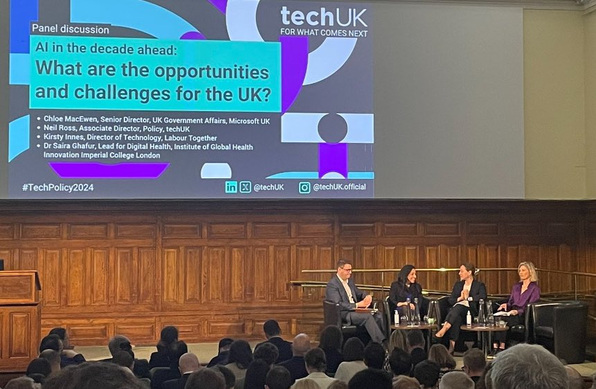 Our co-founder & CMO @sairaghafur spoke @techUK Tech Policy Leadership Conference yesterday on how the next Government can use tech to build a better Britain. The panel- Neil Ross, Chloe MacEwen @MicrosoftUK and @kmei_ @LabourTogether discussed challenges and opportunities of AI!