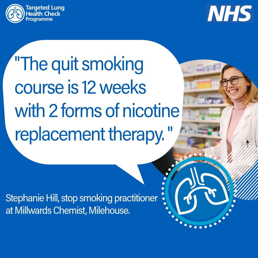 Did you know... the quit smoking course from the #NHSLungHealthCheck in collaboration with community pharmacists lasts 12 weeks and comes with 2 forms of nicotine replacement therapy plus a friendly face to help support and encourage you along the journey.
