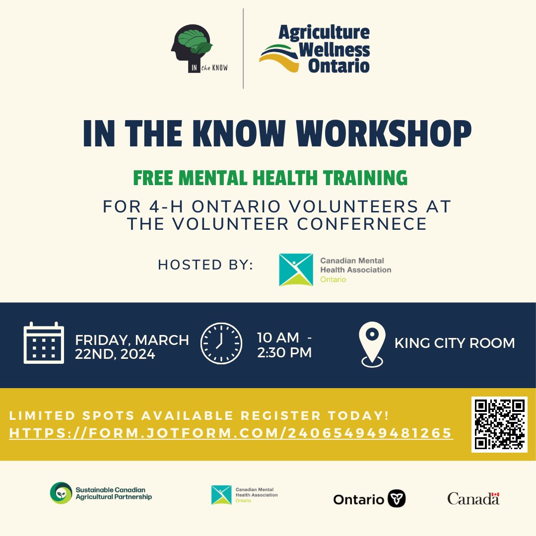 There are limited spots available for our pre-conference workshop! ⌛ 4-H volunteers - join us for FREE mental health training at the 4-H Ontario Volunteer Conference 🍀 📅 March 22, 2024 ⌛ 10 a.m. to 2:30 p.m. 📍 King City Room Register today 🔗⬇ l8r.it/4X7p