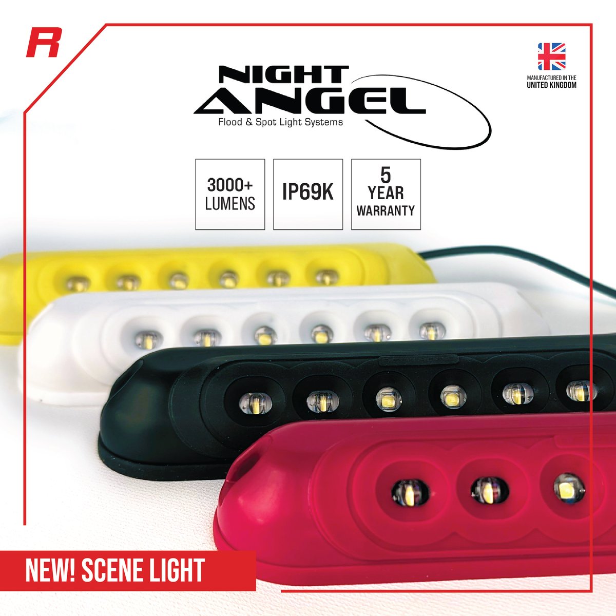 Our new Night-Angel scene-light is available now in black, white, red, and yellow! This compact product has an impressive 3000+ lumen output! With a stylish modern look, and a 5-year warranty, these lights are the perfect choice safety vehicles! #scenelight