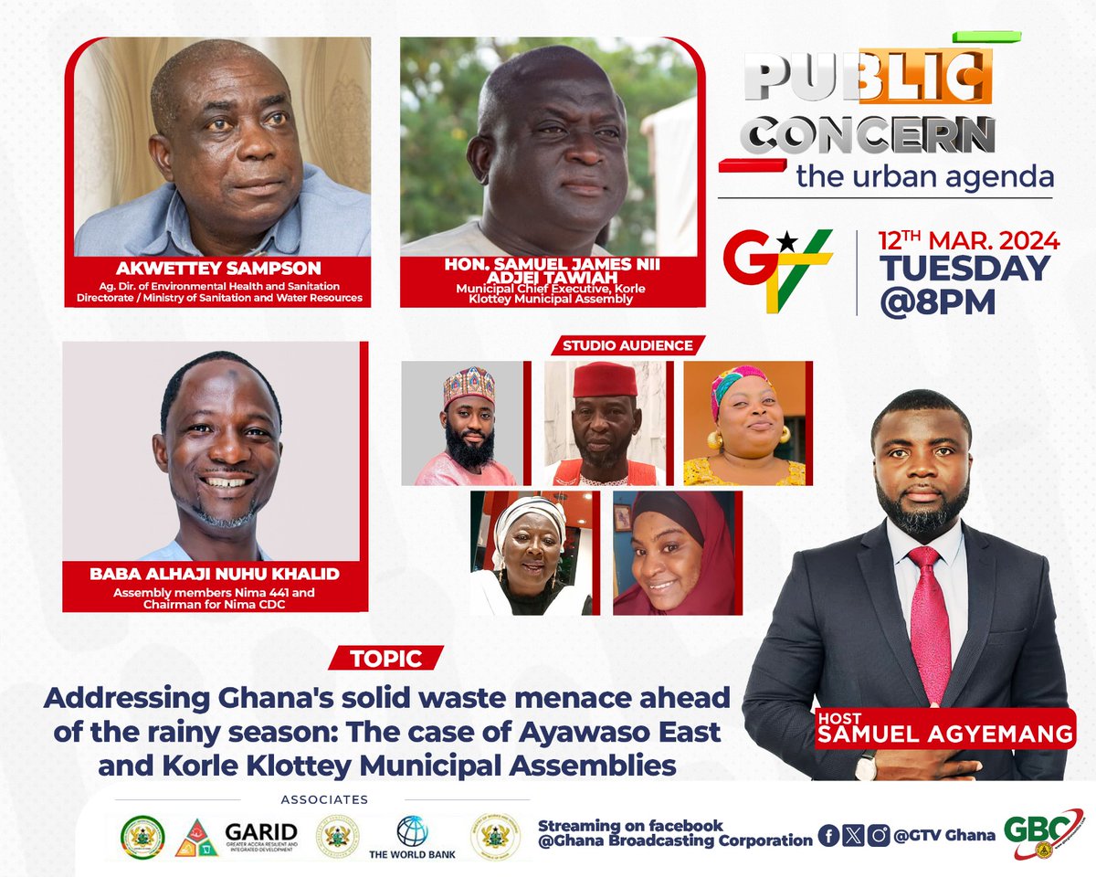 Tune in to the GTV Urban Agenda Program at 8 pm!  We're tackling Ghana's solid waste issue ahead of the rainy season. Join experts from the Ministry of Sanitation and Korle Klottey Municipal Assembly for innovative solutions in Accra. #telecel