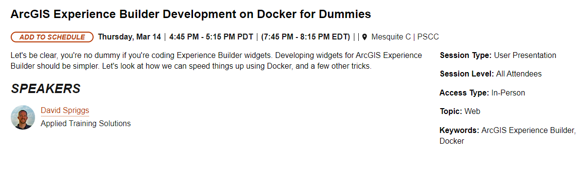 AppliedTRG's tweet image. 🌟 Breaking News from ATS at #EsriDevSummit2024 🌟

🚀 Join us March 14, for an exclusive presentation titled "ArcGIS Experience Builder Development on Docker," presented by our very own David Spriggs. See you there! 👨‍💼💻 

#GIS #GeoDev #AppliedTrainingSolutions #Innovation