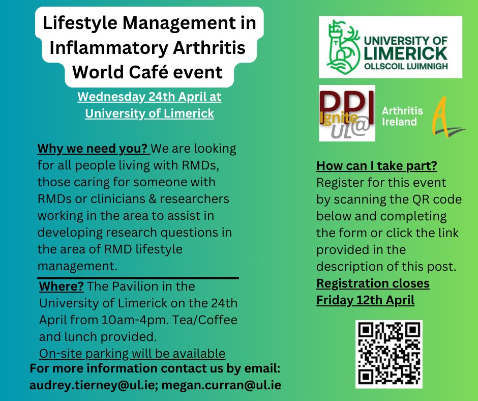 Lifestyle Management in Inflammatory Arthritis World Café event, 24th April, University of Limerick