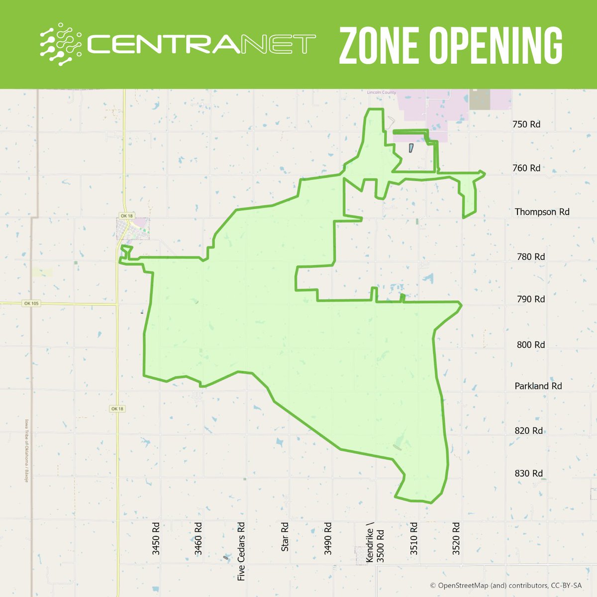 ATTENTION MEMBERS! NEW ZONE OPENING! If you live in the green shaded area and are a Central member, you can sign up now! Click ‘Check Availability’ at CentranetFiber.com or give us a call 405-533-FAST to sign up for service.  #CentranetFiber #BreakTheRurals