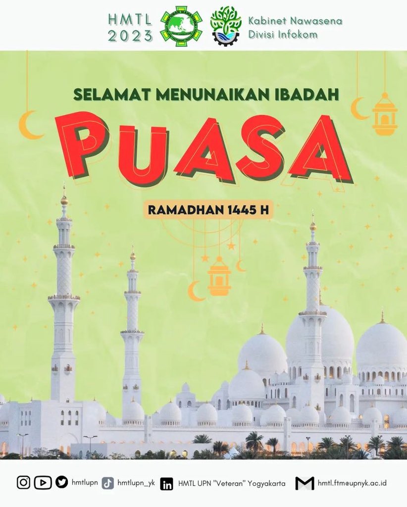 [SELAMAT MENUNAIKAN IBADAH PUASA RAMADHAN 1445H]
. 
"Selamat menunaikan ibadah puasa! Semoga setiap saat penuh berkah dan kebahagiaan." 🌙✨
. 
#HMTL2023
#Nawasena
#BersamaBisa