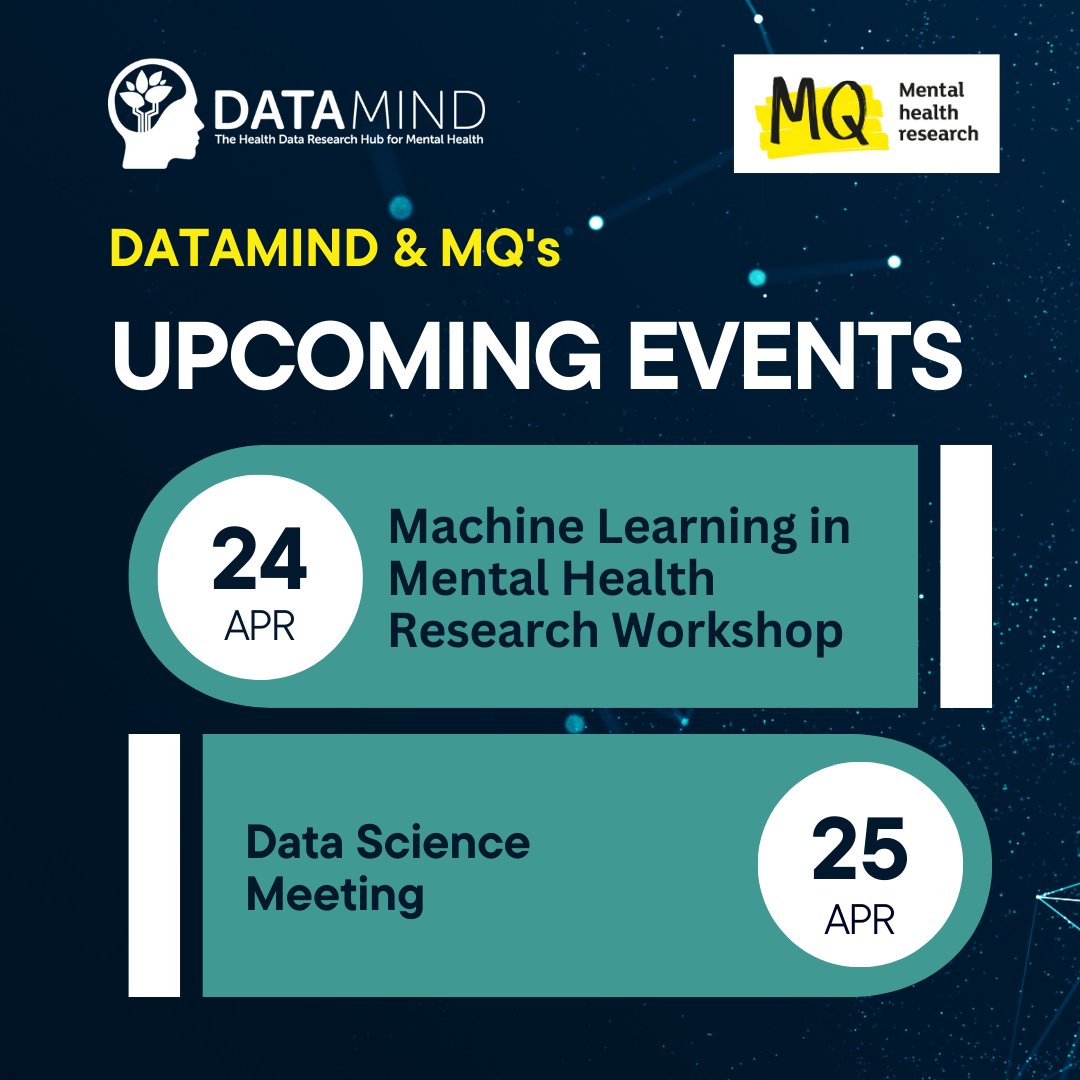 CALLING ALL ECRS! Join us and @MQmentalhealth this April for two exciting events. We're teaming up for a workshop on machine learning in #mentalhealth and a #datascience meeting 🧠 🔗 WORKSHOP: eventbrite.co.uk/e/machine-lear… 🔗 MEETING: eventbrite.co.uk/e/mq-and-datam…