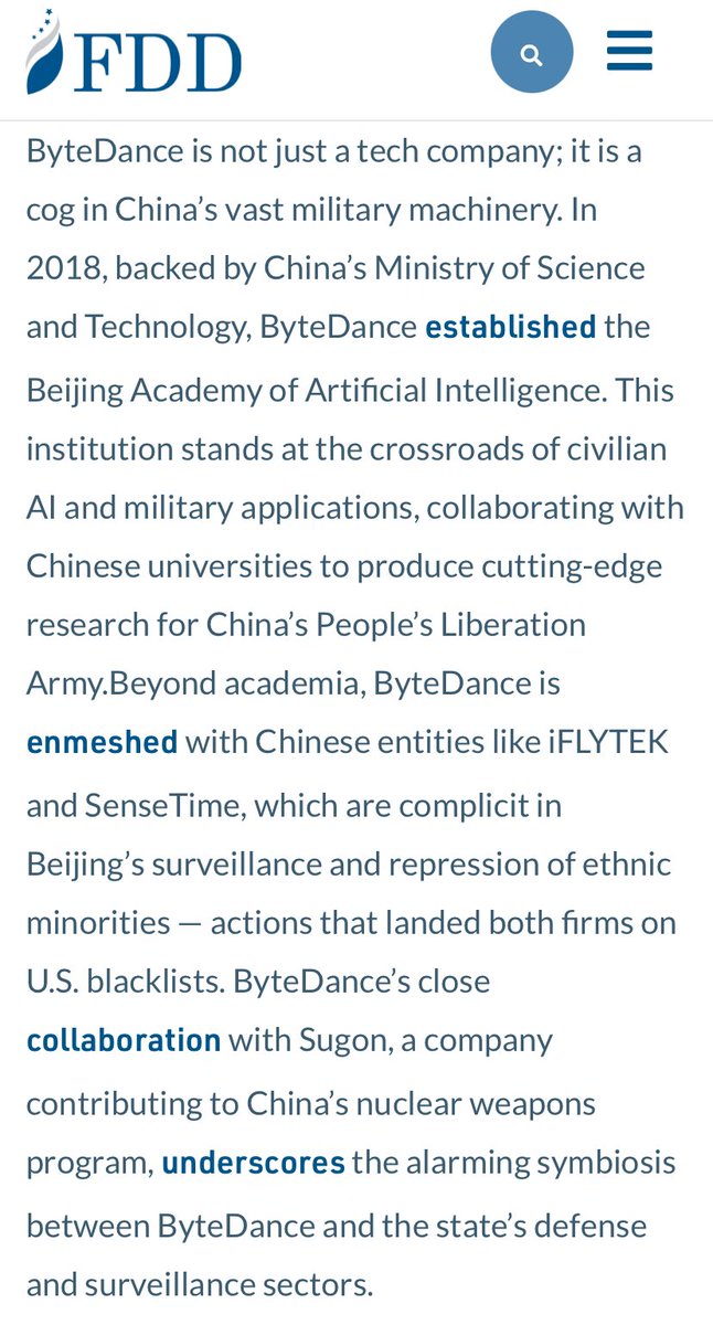 This needs to be pointed out more: ByteDance is part of the CCP’s military-civil fusion system. It’s possibly the most compelling reason to crack down on ByteDance/ TikTok. “ByteDance is not just a tech company; it is a cog in China’s vast military machinery.”…