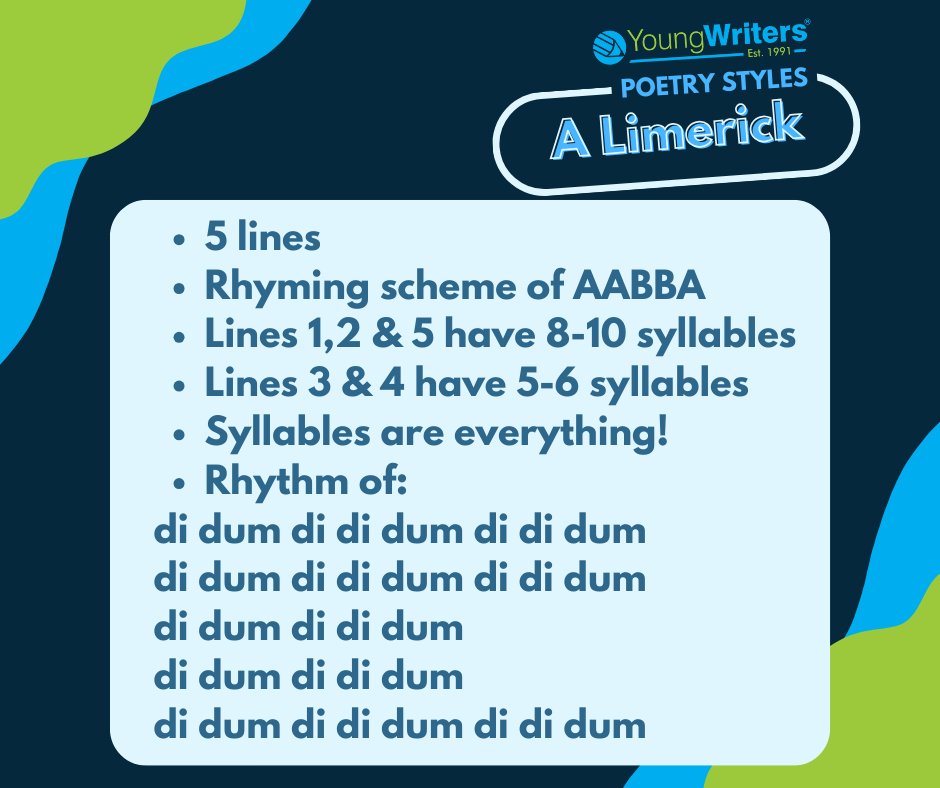 YoungWritersCW's tweet photo. With St Patrick's Day tomorrow, this week's #PoetryStyleSaturday could only be one thing... The Limerick! ☘️
#poetry #limerick #stpatricksday #poeticstyle #howtowriteapoem https://t.co/M0mxX0B9Fj