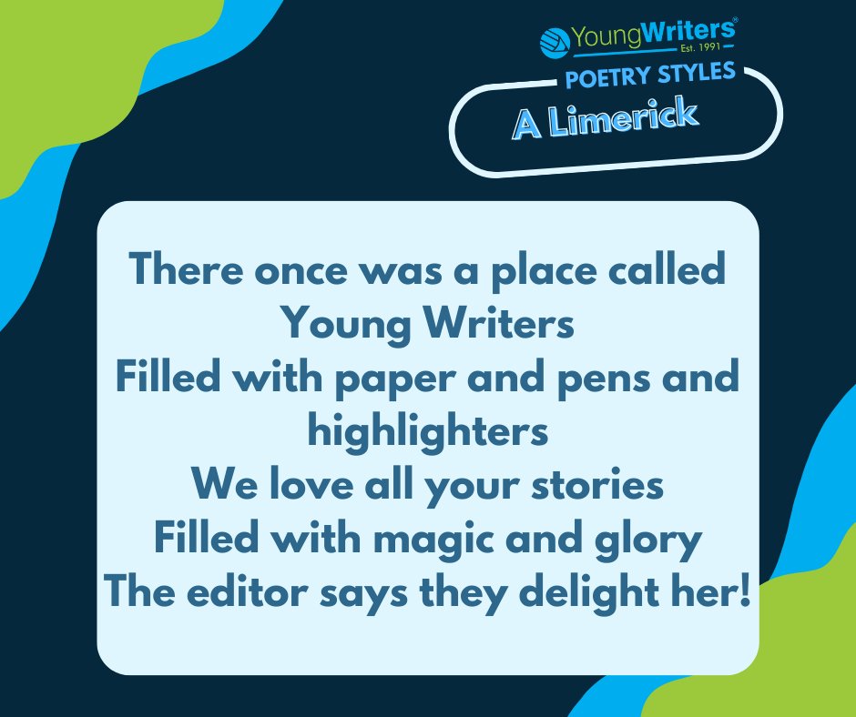 YoungWritersCW's tweet photo. With St Patrick's Day tomorrow, this week's #PoetryStyleSaturday could only be one thing... The Limerick! ☘️
#poetry #limerick #stpatricksday #poeticstyle #howtowriteapoem https://t.co/M0mxX0B9Fj