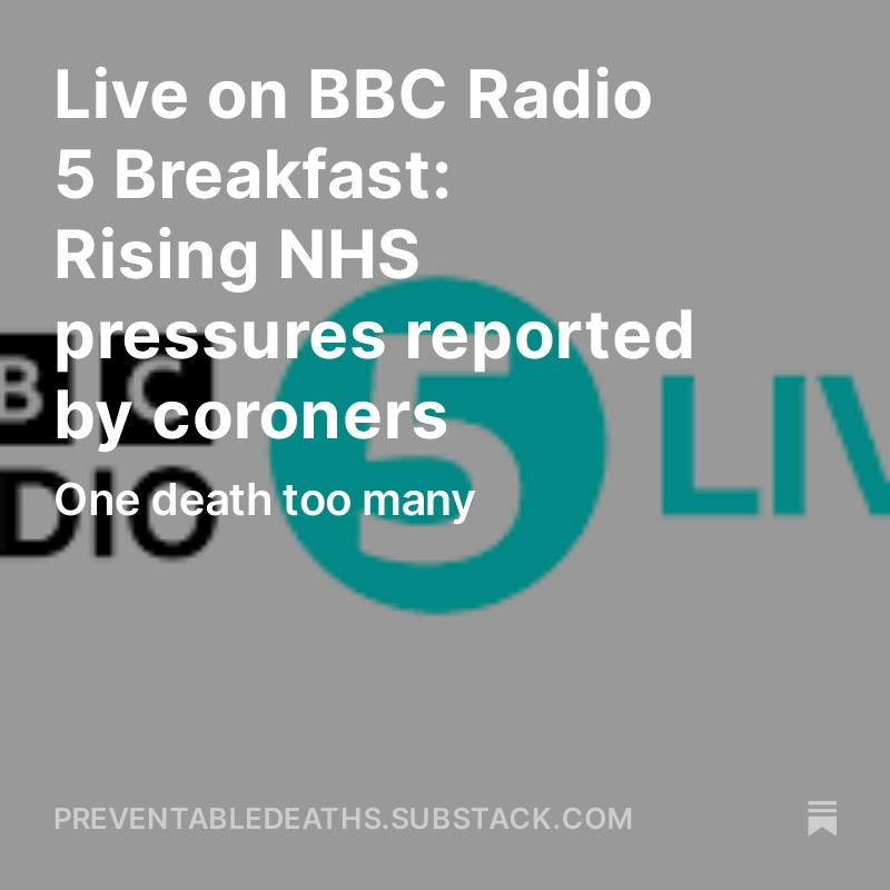 Great to speak on @bbc5live on Friday morning about the Preventable Deaths Tracker. You can listen in this week's Substack newsletter: preventabledeaths.substack.com/p/live-on-bbc-… #PFDs #coroners #inquests #preventabledeaths