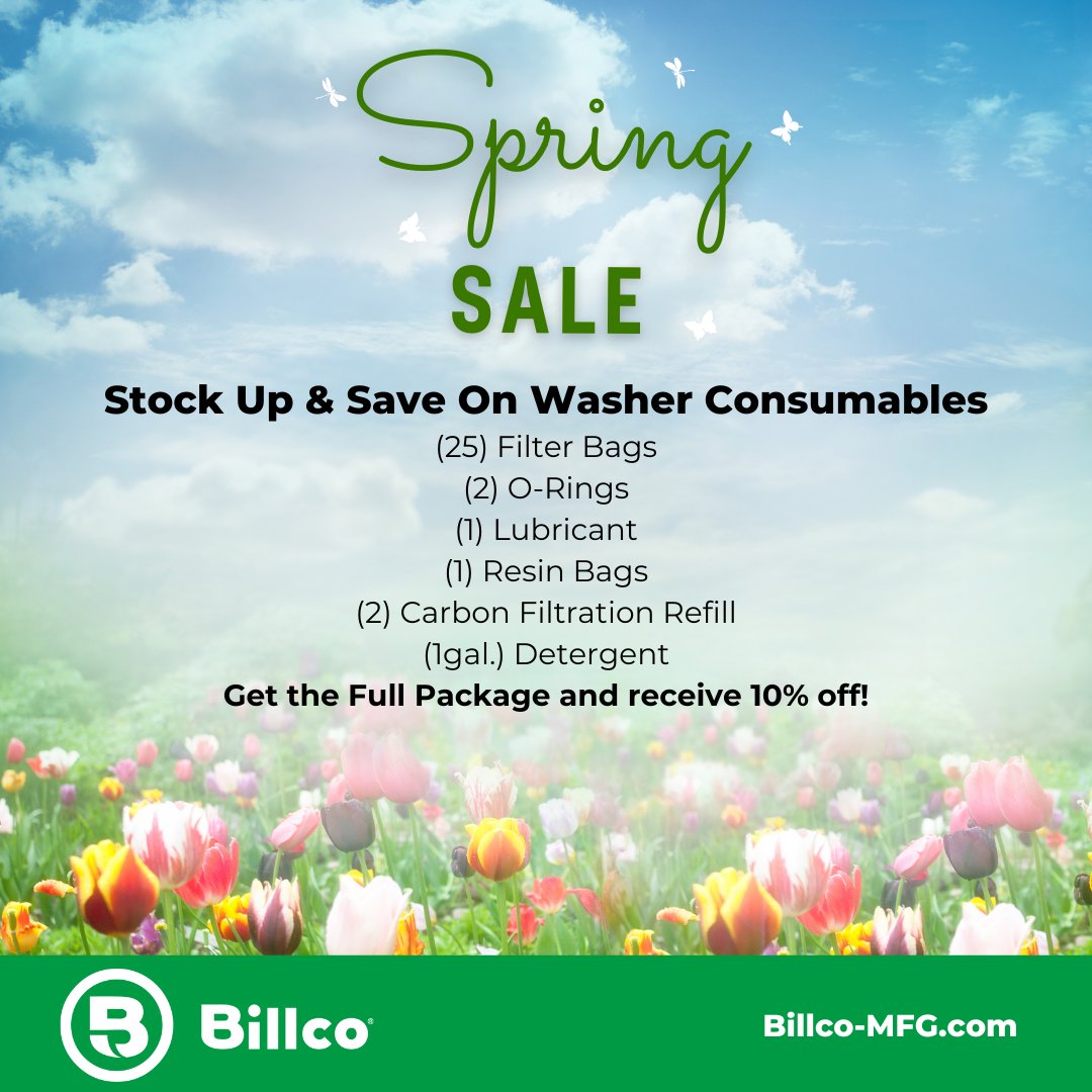 BillcoMfg's tweet photo. Spring Savings Sale!

Stock up on Washer Consumables and save 10%! Buy now before the sale is over! Learn more about our Spring Sale here;https://t.co/PUWr3866tC https://t.co/MG07ihYxiN