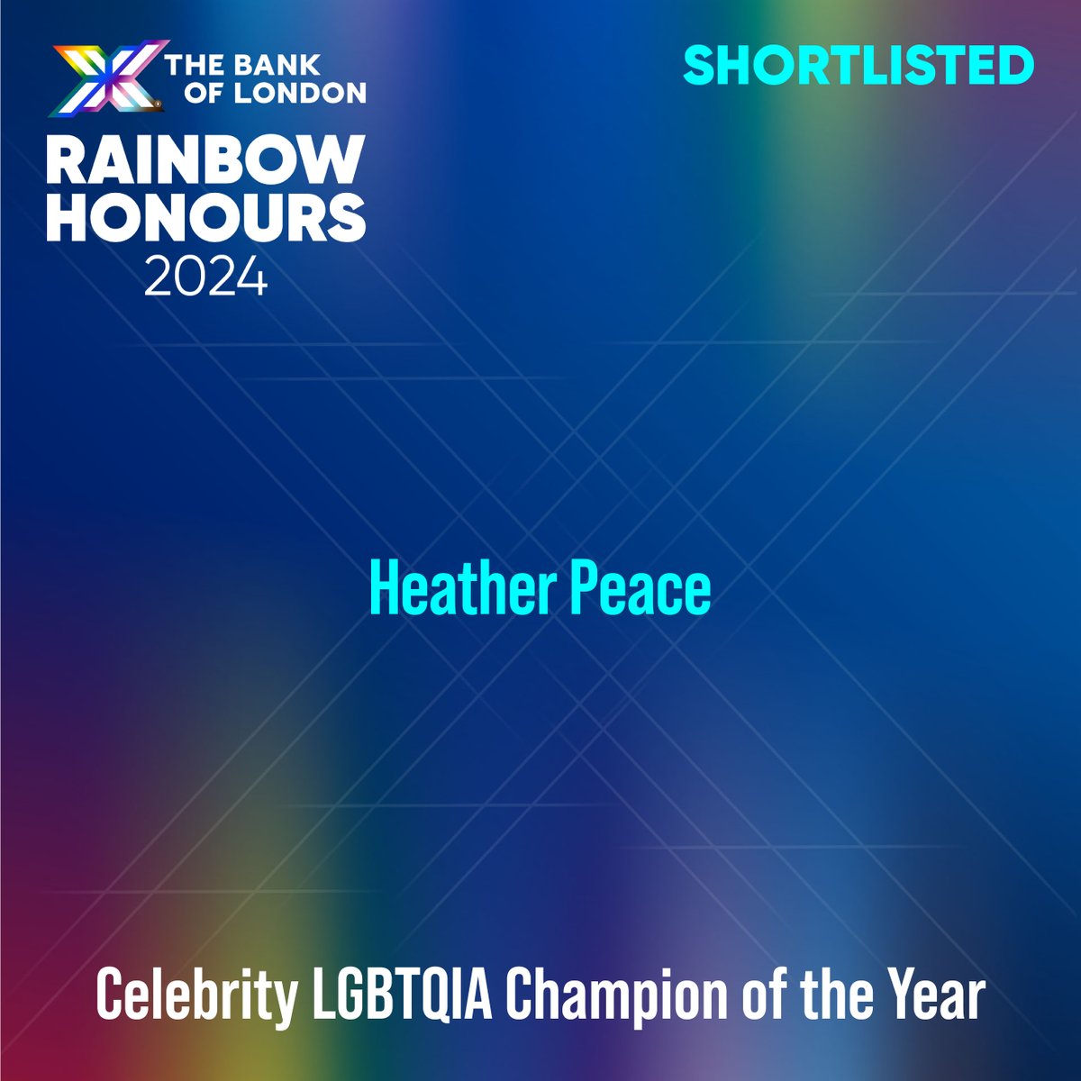 RainbowHonours's tweet photo. Shortlisted in the #TheBankofLondonRainbowHonours24 LGBTQIA Celebrity Champion of the year this year is @heatherpeace. https://t.co/1NJmTeWDVs https://t.co/vg9VZb5EWO