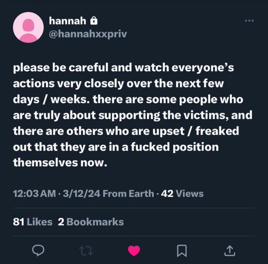 thelorebitch's tweet photo. george posting a tweet saying he’s sorry, sapnap posting a tweet straight after saying he supports caiti but is still friends with george, then dream holding a twitter space to explain his comment at the party…

im just going to put hannah’s priv tweet here. don’t trust them. https://t.co/8k22CjnYNf