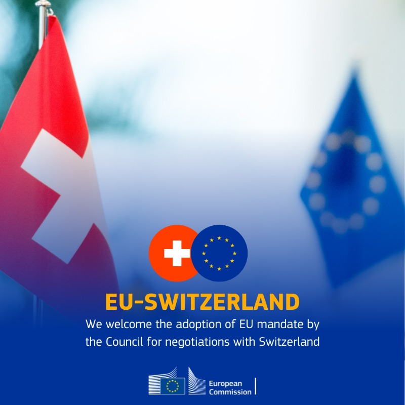 EU_Commission's tweet photo. We want to modernise and deepen bilateral relations between 🇪🇺🇨🇭.

Today, we welcome the @EUCouncil decision authorising the EU to enter into negotiations with Switzerland on a broad package of bilateral measures.

The first formal negotiating round will take place in March.