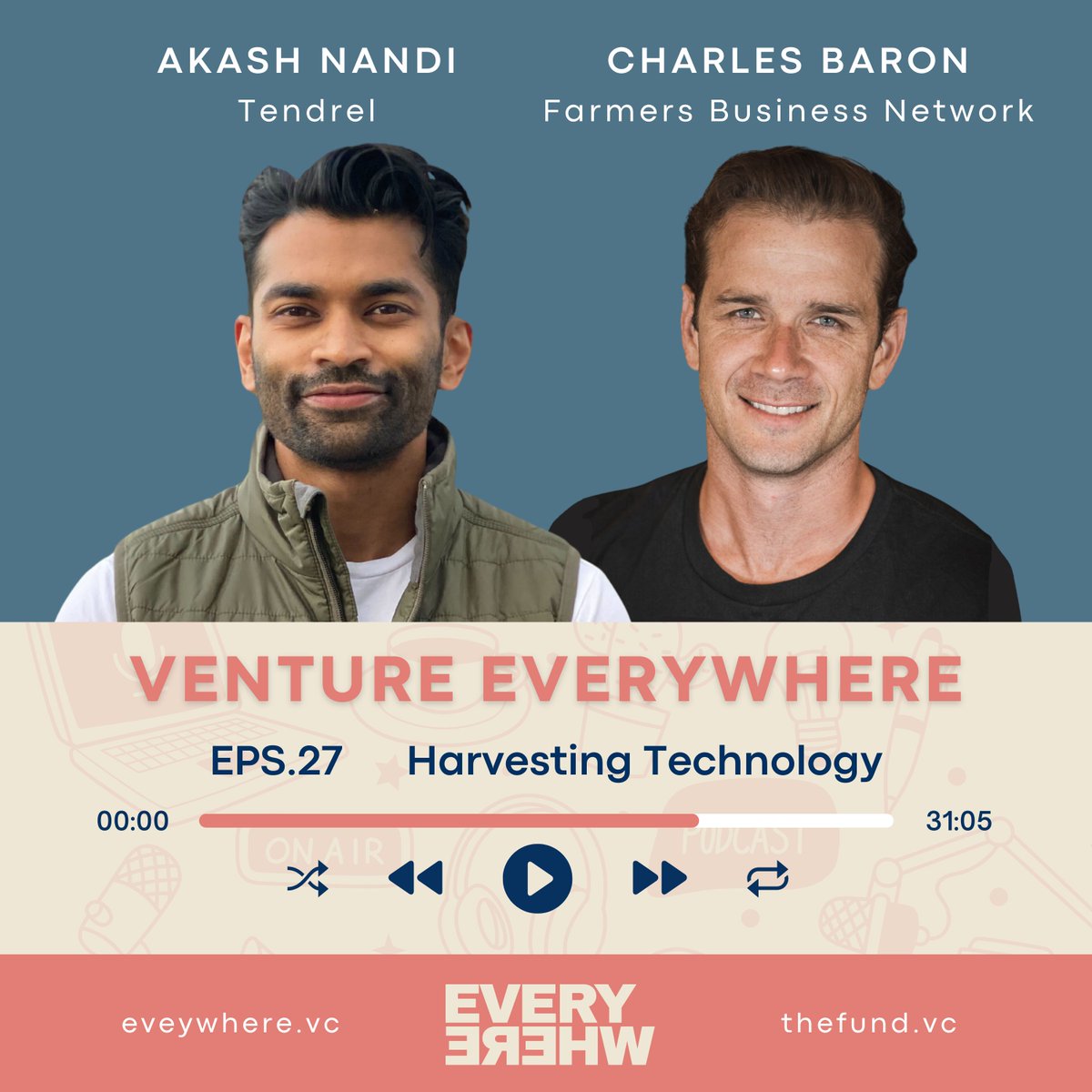 ON AIR: Venture Everywhere #Podcast EPS27🎙️ Harvesting Technology with @charlesbaron, CPMO of @FBNFarmers, & @akash_g_nandi, CEO of @Tendrelinc! 🎧Listen now: 🍎 Apple: podcasts.apple.com/us/podcast/har… 💚 Spotify: open.spotify.com/episode/2trNys… 🗒️ Transcript at ideas.everywhere.vc/s/podcast