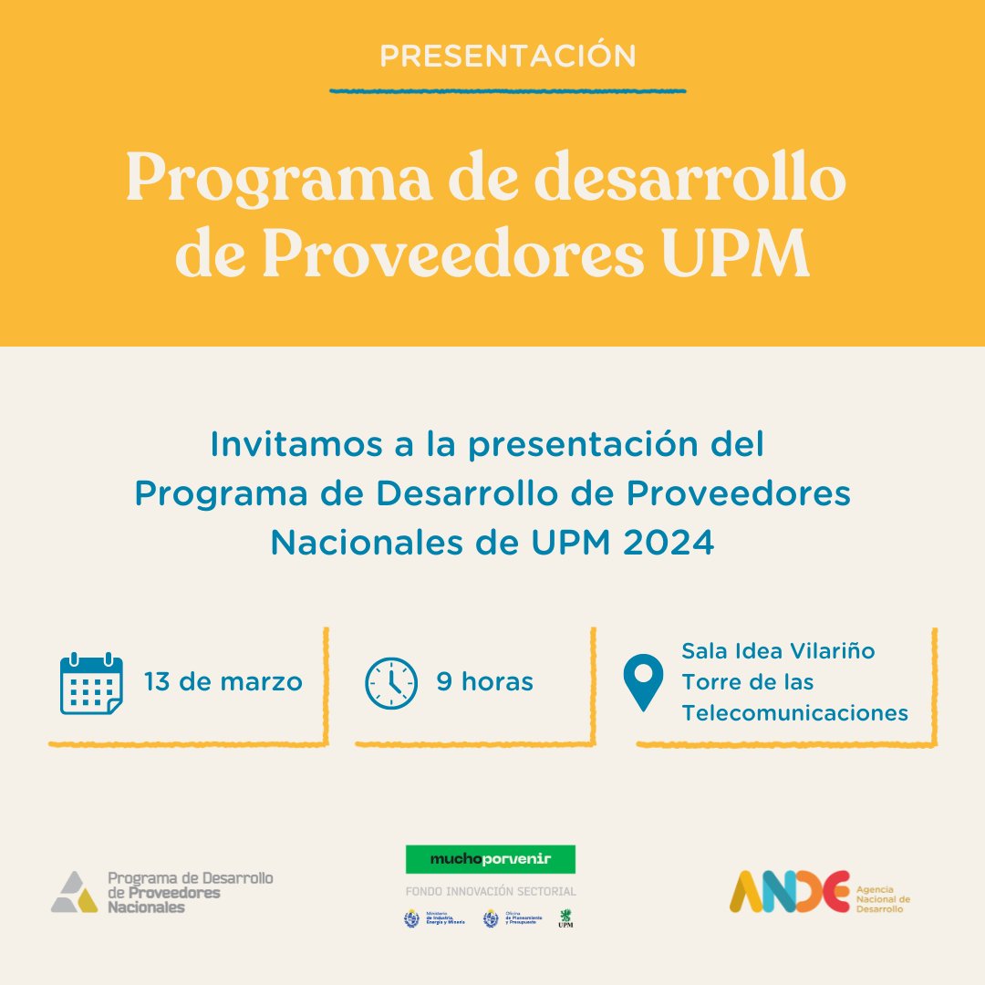 Mañana presentamos la convocatoria 2024 de nuestro Programa de desarrollo de Proveedores de UPM⚡

💡 Podes venir a la sala Idea Vilariño de Antel o seguir la transmisión en vivo por VeraTV en el siguiente link: anteltv.com.uy/play/2szy0

📍Presencial: 9 h.
📲Online: Inicio 9:30 h.