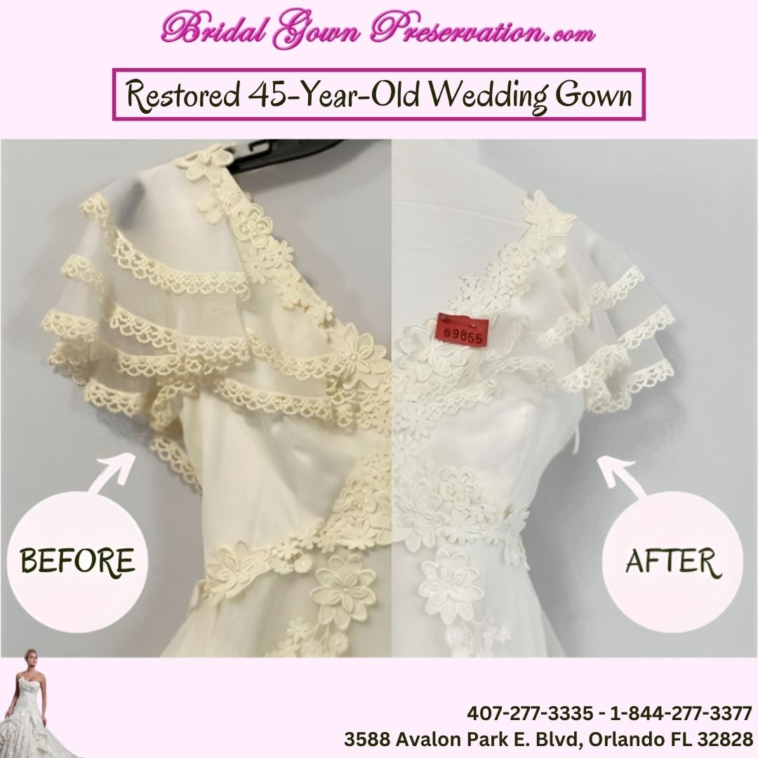 Prepare to be amazed! Feast your eyes on the stunning transformation of this 45-year-old #WeddingGown. From worn-out to wow-worthy, see how we've restored its timeless beauty!
#WeddingDress #WeddingDressCleaning #Restoration #WeddingDressRestoration  #BridalGownPreservation