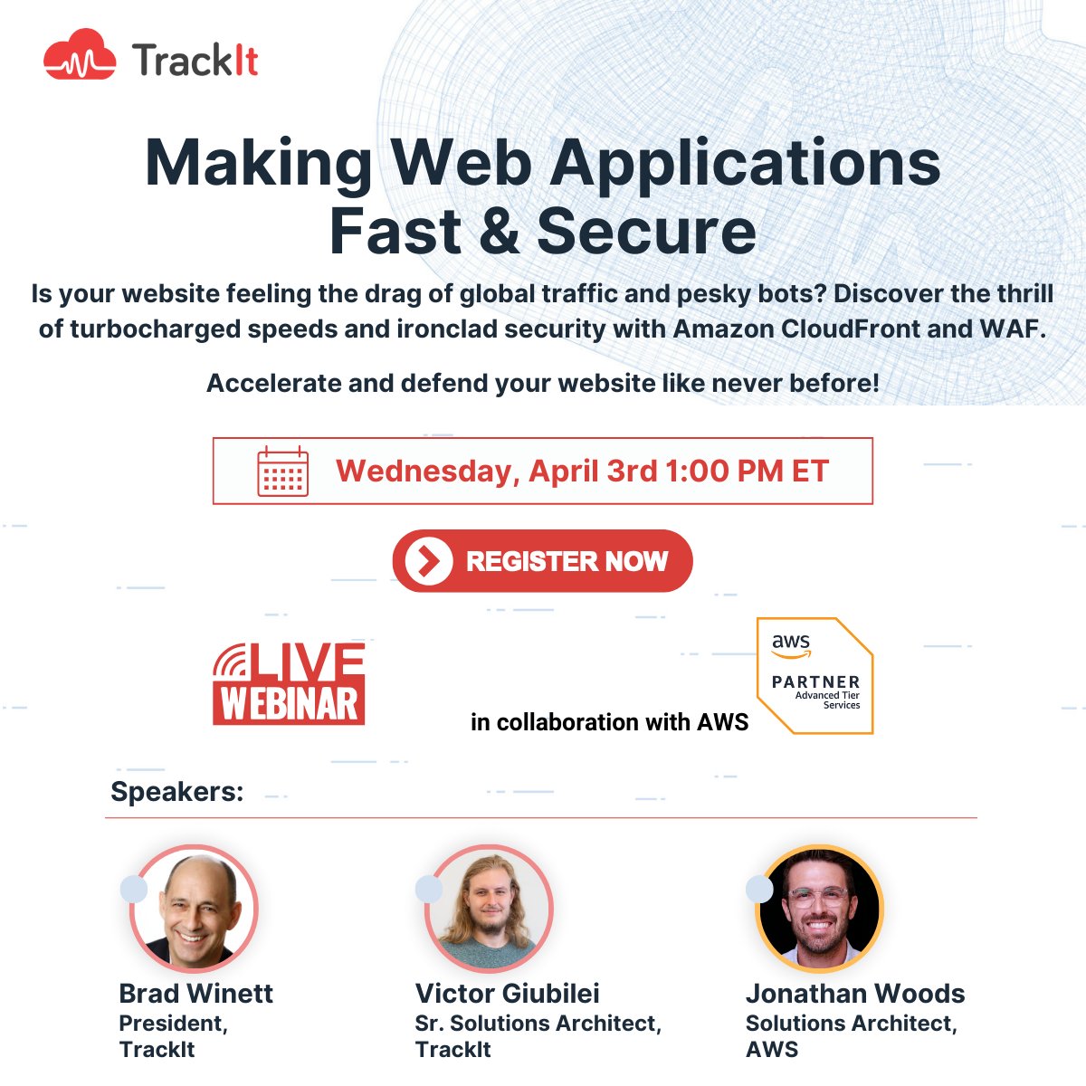 🚨 Register for TrackIt's #MakingWebAppsFastAndSecure webinar  on 4/3 tinyurl.com/y53ee82w

Learn how to supercharge ⚡️ and secure 🔒 your web apps with Amazon CloudFront and Web Application Firewall (WAF)!

#aws #cloudfront #apnproud #cloudcomputing #cloudsecurity #awscloud