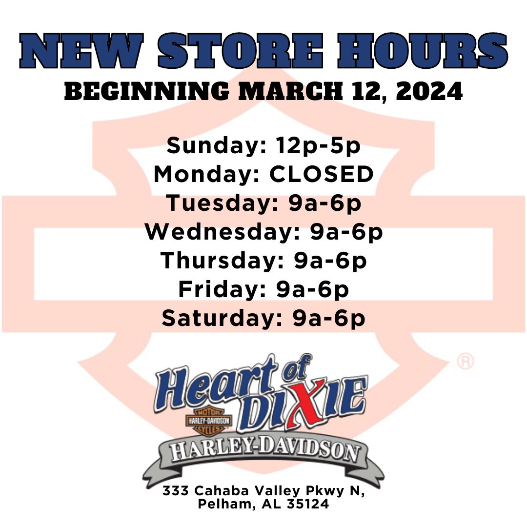 heartofdixiehd's tweet photo. New store hours beginning today! We will now be open until 6pm Tuesdays-Saturdays! 
Info > https://t.co/3ZfZ6vmKHP
#NewHours #HeartOfDixieHD #PelhamAL https://t.co/q5Fx5t7Jbz
