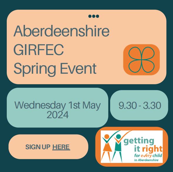Have you booked your place yet?  
🧡Aberdeenshire GIRFEC Spring Event Wednesday 1st May 9.30-3.30 💚  
For GIRFEC group reps and practitioners working with children, young people and families in Aberdeenshire   forms.office.com/e/sZbQpMU1V4
#GIRFEC #workingtogether #learningtogether