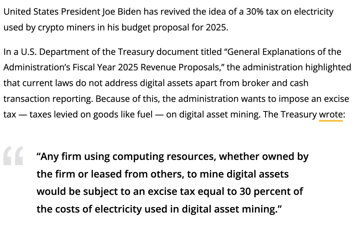 BREAKING: JOE BIDEN IS CONSIDERING A 30% TAX ON COMPANIES THAT ENGAGE IN  DIGITAL ASSET MINING AKA $BTC BITCOIN MINERS THIS MAY BE ANOTHER REASON WHY  THE MINERS ARE STRUGGLING AS INVESTORS