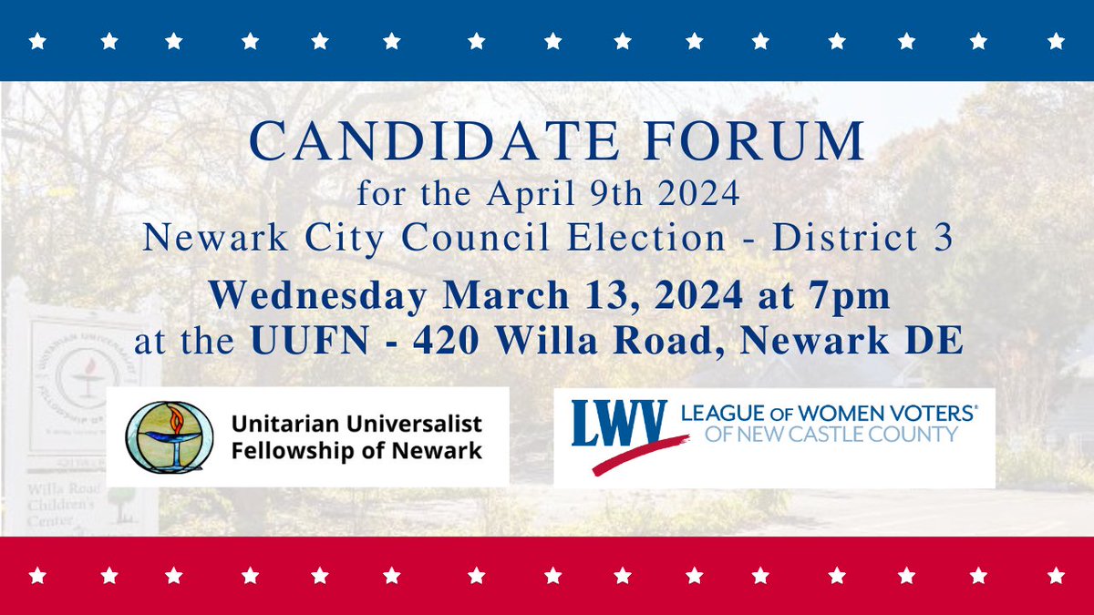 Residents of south-west Newark, DE, you will elect a city councilperson in April 2024. Check this candidate forum on Weds night (3/13/24) by LWV and UUFN: my.lwv.org/delaware/new-c…