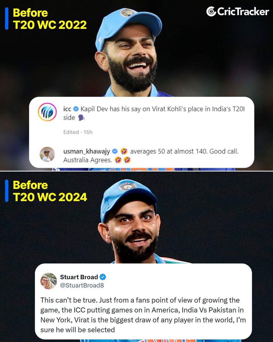 THEN: Usman Khawaja backed Virat Kohli after Kapil Dev stated 'If world No. 2 Test bowler Ashwin can be dropped from Test side then your No. 1 batter can also be dropped' ahead of T20 World Cup 2022.

NOW: Stuart Broad backs Virat Kohli after reports suggesting he might be…
