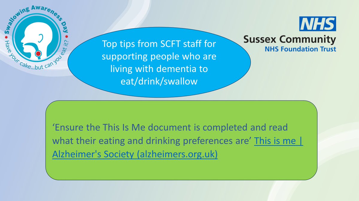 Person-centred care is essential to supporting people living with dementia. @nhs_scft we use the 'This is Me' documentation from @alzheimerssoc. @SCFT_Dementia @RCSLT #SwallowAware2024 #NutritionAndHydrationWeek