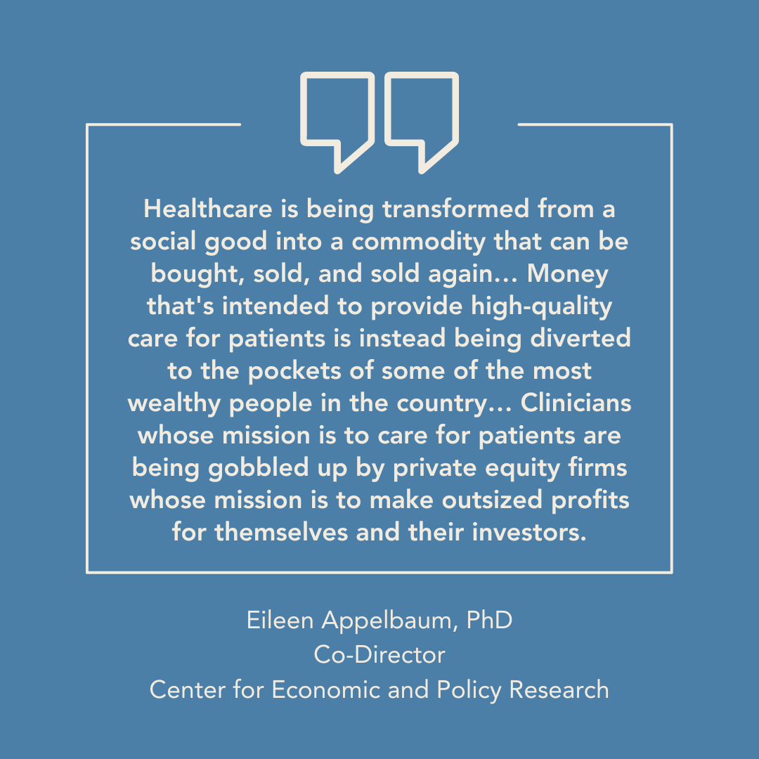 Notable & quotable #2 from the @FTC's workshop last week on #privateequity in #healthcare. We agree, @EileenAppelbaum! 👍 #PEHealthcareFTC #medtwitter #moralinjury #fixmi @HHSGov @SecBecerra @linakhanFTC @JusticeATR @TheJusticeDept @WDeanMD @ceprdc