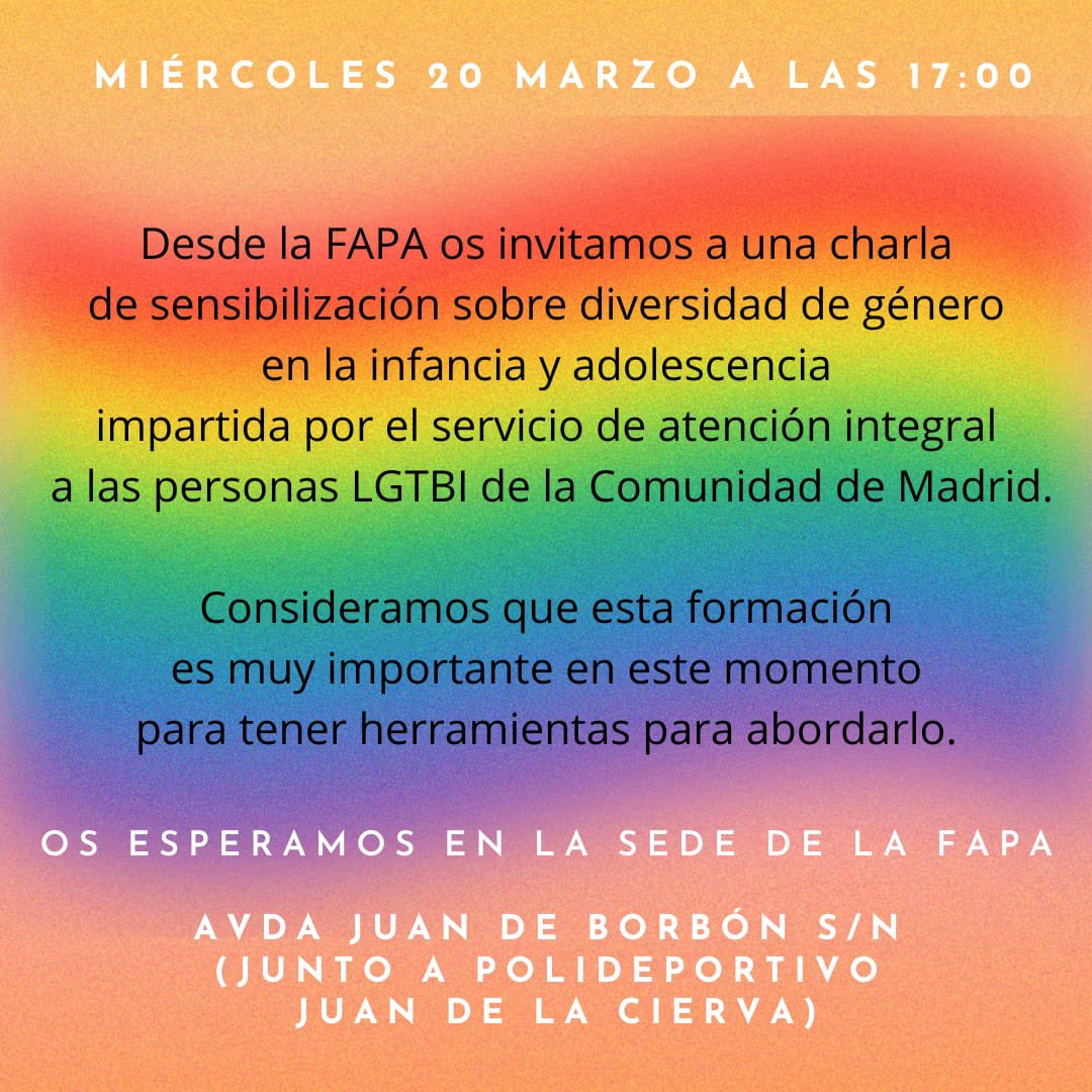 Os invitamos a esta charla que organiza la FAPA.
Os esperamos en la sede de la FAPA el próximo miércoles 20 marzo a las 17:00 
Avenida don Juan de Borbón s/N, junto a polideportivo Juan de la Cierva.