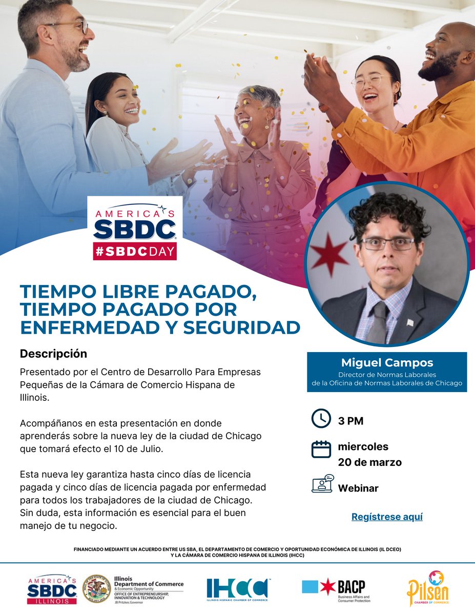 Acompáñanos en esta presentación en donde aprenderás sobre la nueva ley de la ciudad de Chicago que tomará efecto el 10 de Julio. 

Sin duda, esta información es esencial para el buen manejo de tu negocio. Regístrese aquí: eventbrite.com/e/tiempo-libre…