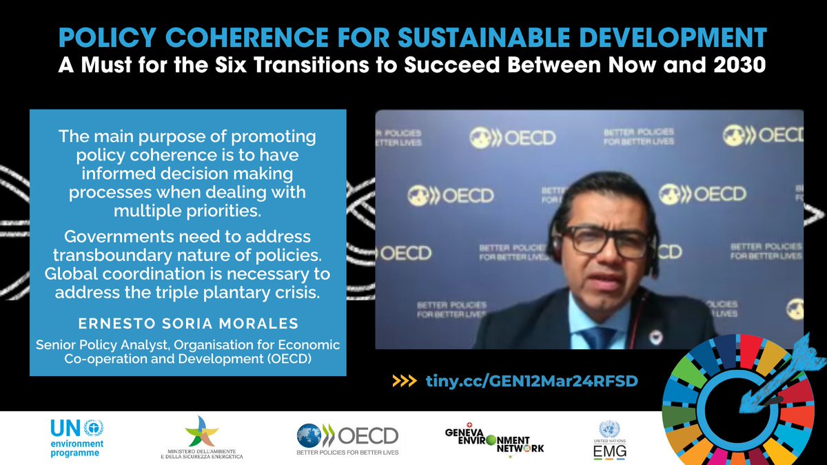 GENetwork's tweet photo. @UNEP_Europe @OECD_ENV @UN_EMG @UNECE @MASE_IT @WondyAK @IEA @SustDev @ItalyUN_Geneva @Teplova_Tatyana @balakrishnapis2 @OECD_PCSD @UNEP Ernest Soria Morales (@e_soria) of @OECD_PCSD presents key challenges in building towards #PolicyCoherence for #SustainableDevelopment:

1. Institutional fragmentation 
2. 'Short-termism' of political cycles
3. Limited evidence-based decision making

▶️ https://t.co/qRNOIJjbU9 https://t.co/2nqJVR4mRw