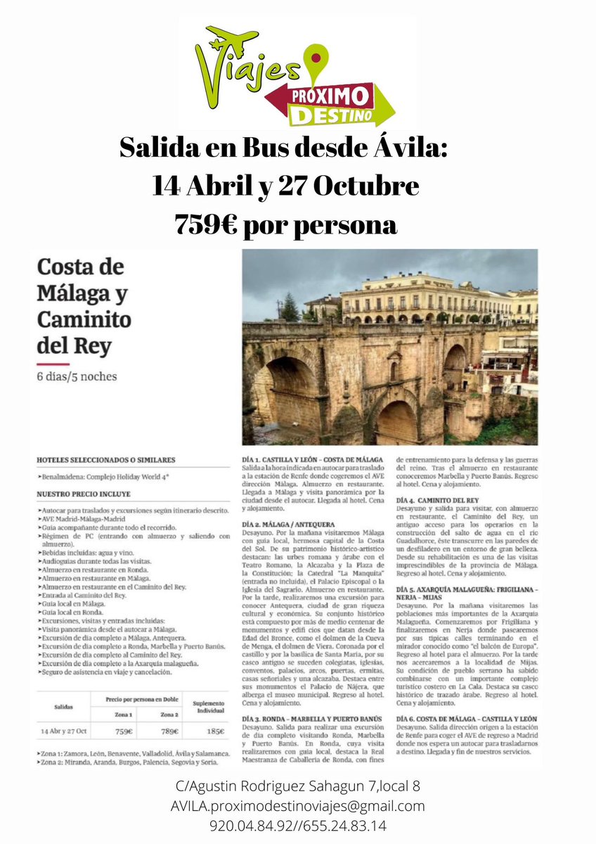 Producto 🌏 VIAJAFACYL 🌏 para viajetos a partir de 50 años. 
Salida desde AVILA en bus. 
Costa de Málaga y su Caminito del Rey.
Nos acompañas? 
Informacion y reservas en Viajes Próximo Destino.

#ViajaFacyl #malaga #caminitodelrey #TuAgenciaDeViajes #avila #viajesproximodestino