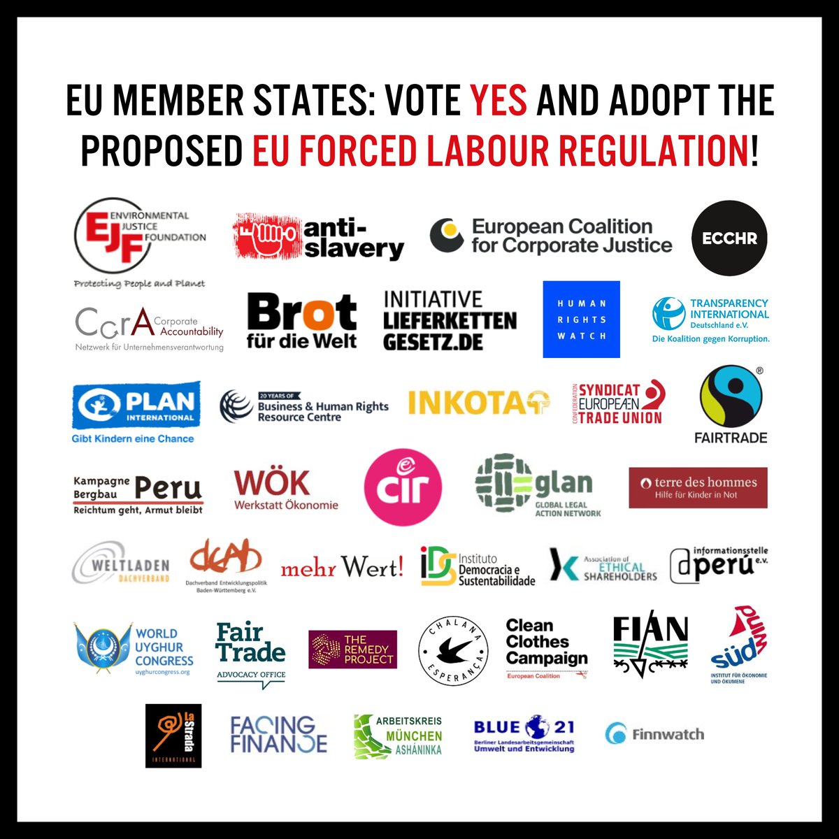 Important EU vote coming up tomorrow on the proposed forced labour regulation. @hrw joins @ejfoundation @Anti_Slavery @ECCHRBerlin & other orgs calling on EU govts to YES. ejfoundation.org/reports/joint-…