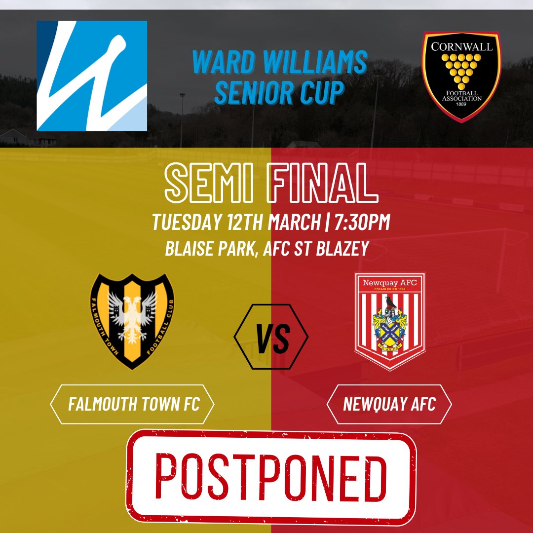 POSTPONED: WWA Senior Cup Semi Final Falmouth Town  v Newquay AFC ❌

Unfortunately tonight's SEMI FINAL will have to be Postponed! 🌧

📅 New date to be arrange soon

#GAMEOFF #cornwallfootball