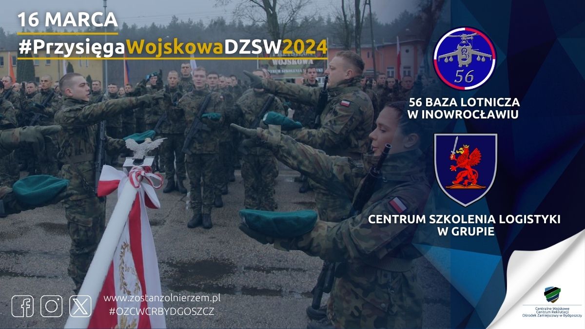 WCRTorun's tweet photo. 📢 Już w najbliższą sobotę, 1️⃣6️⃣ marca zapraszamy na uroczyste przysięgi wojskowe żołnierzy 🪖#DZSW w:

👉 #56BL #Inowrocław godz. 1️⃣1️⃣.0️⃣0️⃣

👉#CSLog #Grupa godz. 1️⃣0️⃣.0️⃣0️⃣

#ZostańŻołnierzem
#OZCWCRBYDGOSZCZ https://t.co/cEVX17hsx0