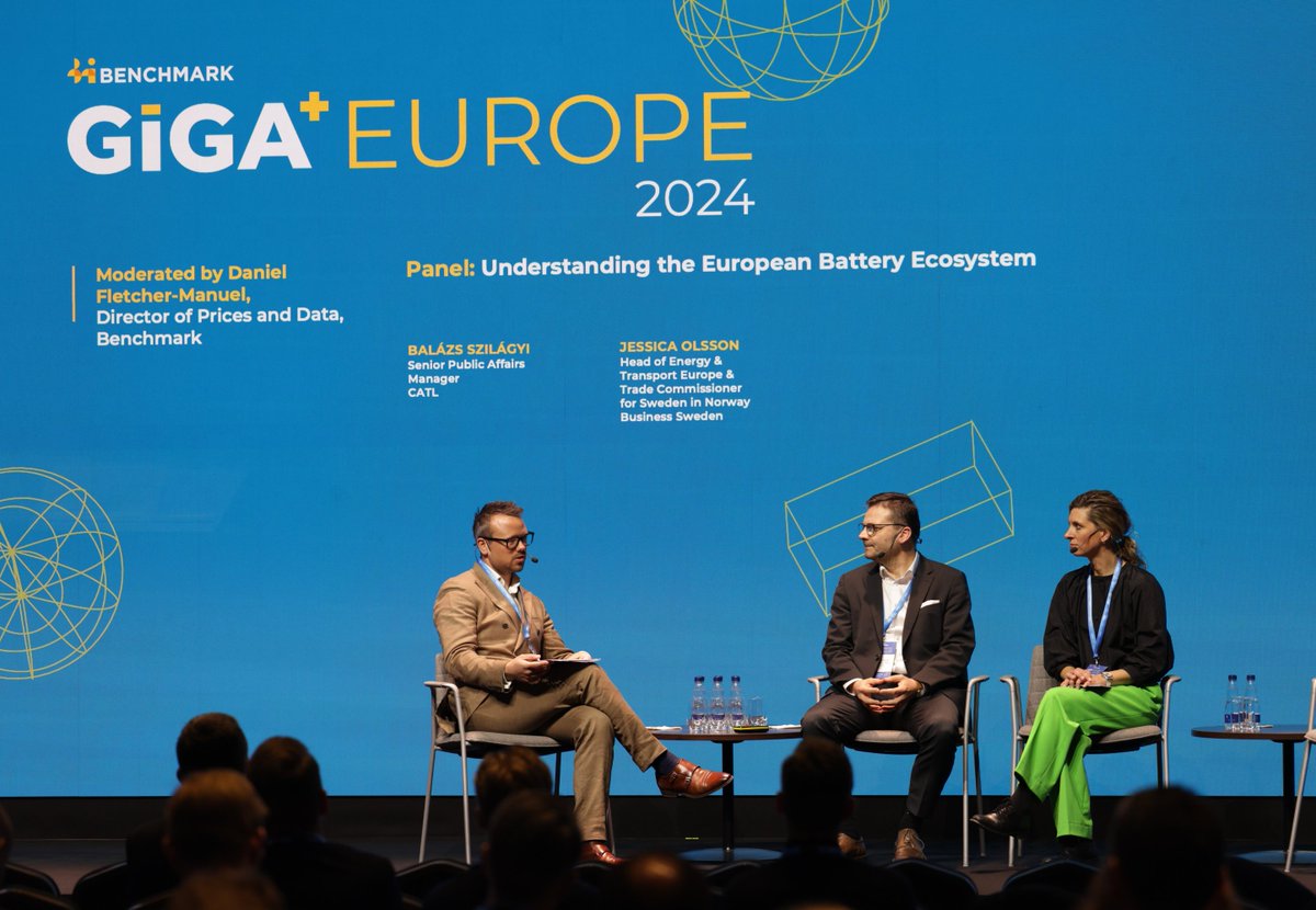 ⬇ One of many insightful panel discussions at #GigaEurope today.

🔋 Jessica Olsson of <a href="/BusinessSweden/">Business Sweden</a> commented: “We are going from oil dependence to metal dependence.”

With the addition of CATL's (<a href="/catl_official/">CATL</a>) Balázs Szilágyi and Benchmark’s Daniel Fletcher-Manuel, the