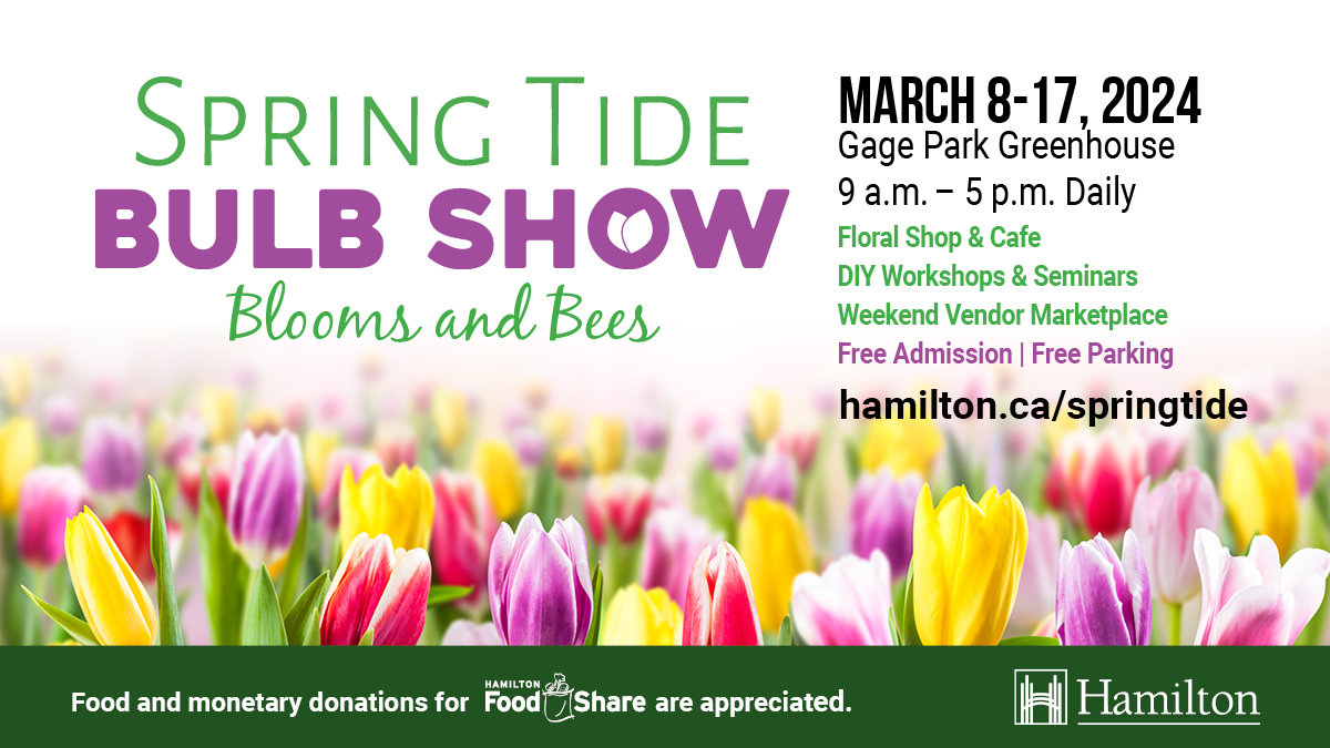 cityofhamilton's tweet photo. The Spring Tide Bulb Show runs all week – stop by the Gage Park Greenhouse to check out thousands of blooms on display, have a treat at the café, browse the flower shop and participate in a DIY workshop. Open daily from 9am - 5pm. https://t.co/9P4vmsMF70 https://t.co/QSeEIIUXhn