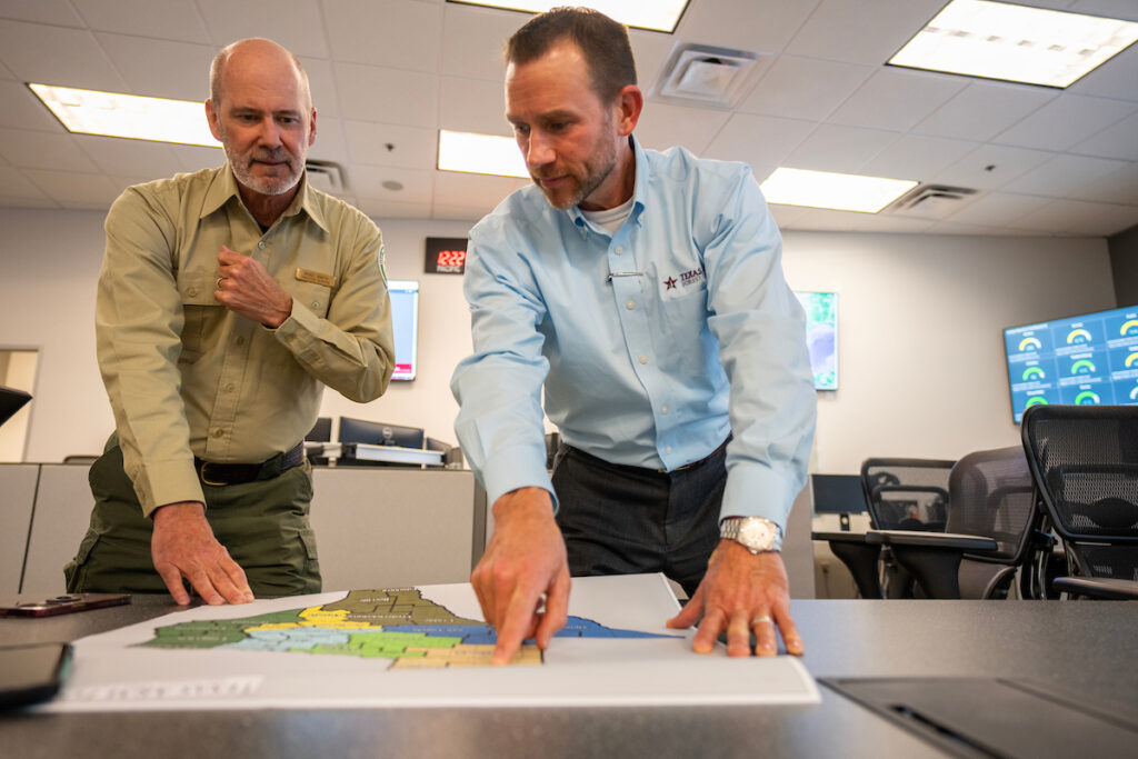 The Texas A&M Forest Service Emergency Operations Center is the central hub for real-time Texas wildfire analysis and response, headquartered in College Station. The EOC provides support to ground crews responding to wildfires by directing personnel and equipment resources.