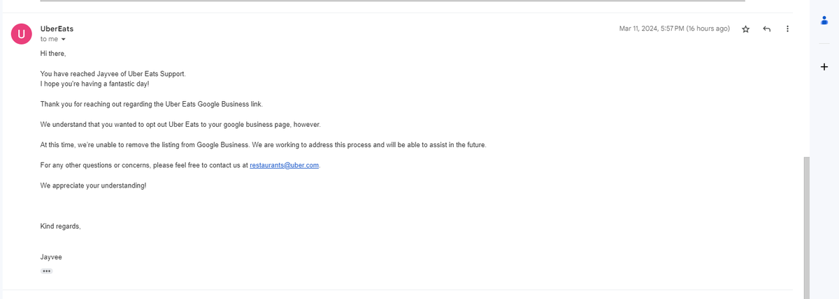 ClaudiaTomina's tweet photo. @UberEats You are in clear violation of Google guidelines.  Providers are required to remove third-party links from a profile within 5 business days of a request from a business. @Google This email is not acceptable. https://t.co/kFmsDxmUt9