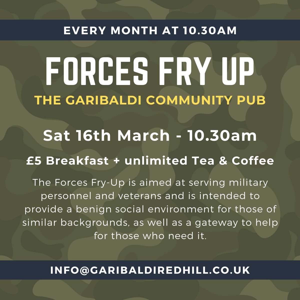 FORCES FRY UP - Our next breakfast is: 16th March | 10.30am *Pre-booking is Essential, please let us know before Friday 15th.