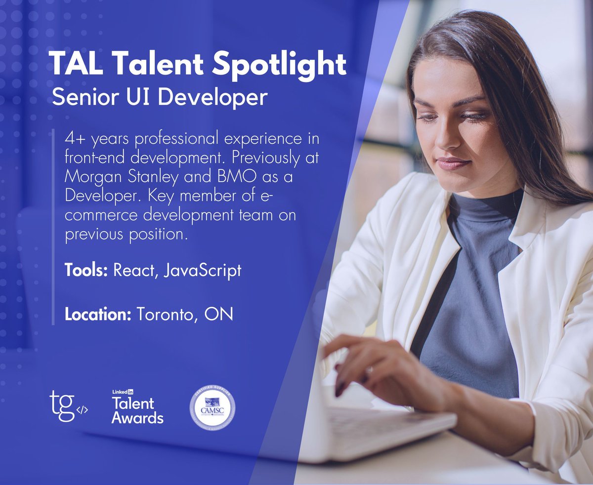 🌟Shining the #spotlight on our #TALTalent: a Senior UI Developer🌟
.
Are you looking to expand your team? Let's kickstart the journey together! Visit us at buff.ly/3T4Warp 🚀
.
#TechTalent #JavaScript #Toronto #Canada #IT #Talent #Recruiting #Hiring